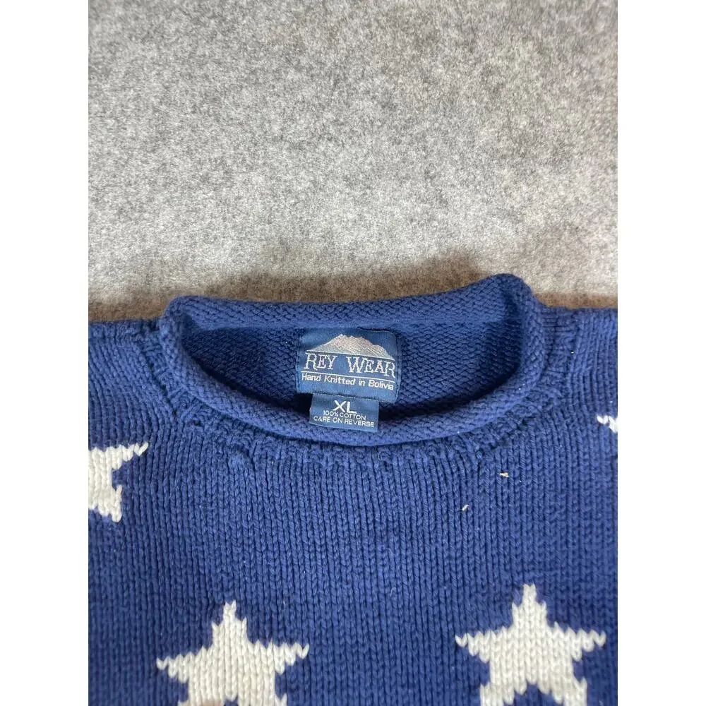 VINTAGE 90s Rey Wear Sweater Mens XL Blue Pullover Boxy USA Patriotic July 4th